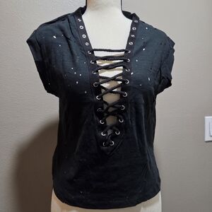 Edgy Black Lace-Up Short Sleeve Top